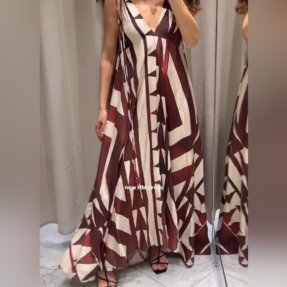 NWT H&M A-line Voluminous Maxi Dress Rust Red/patterned 1294545001 XS S M L - Picture 7 of 11